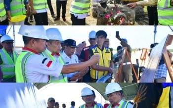 Pj Gubernur Gorontalo Ismail Pakaya didampingi Bupati Pohuwato Saipul Mbuinga memukul kendi tanda pemgerjaan jalan menuju bandara Puhuwato mulai di kerjakan Kamis (24/5/2023) siang tadi. foto : Iwan Karim