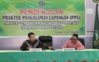 Sukrin Saleh Taib, didaulat menjadi Narasumber dalam kegiatan Pembekalan Praktek Pengalaman Lapangan (PPL) yang dilaksanakan oleh Fakultas Syariah IAIN Sultan Amai Gorontalo, Kamis (14/09/2023).