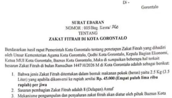 Surat Edaran Terbit, Ini Besaran Zakat Fitrah 2026 di Kota Gorontalo